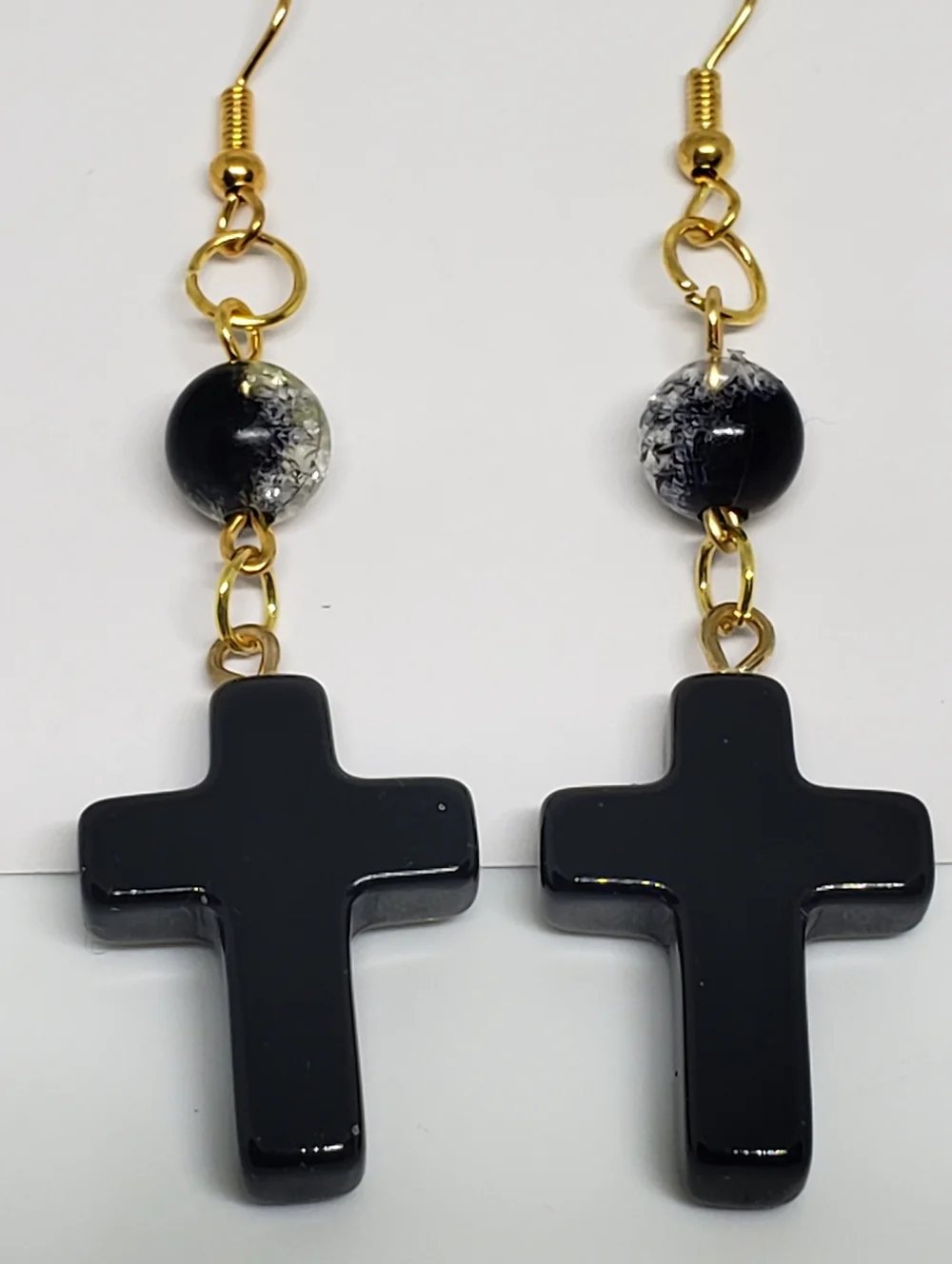 Handmade Beaded Glass Black Cross Dangle Earrings